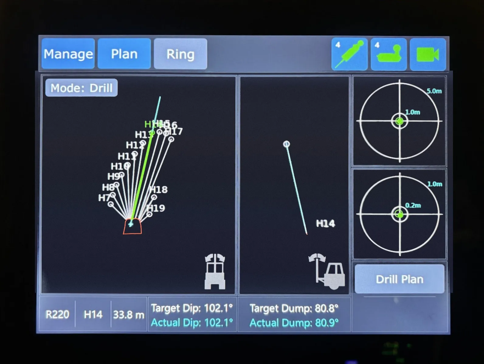 OptiClino tablet display showing target versus actual drill dip and dump matched to a tenth of a degree, with sub-metre accuracy crosshairs